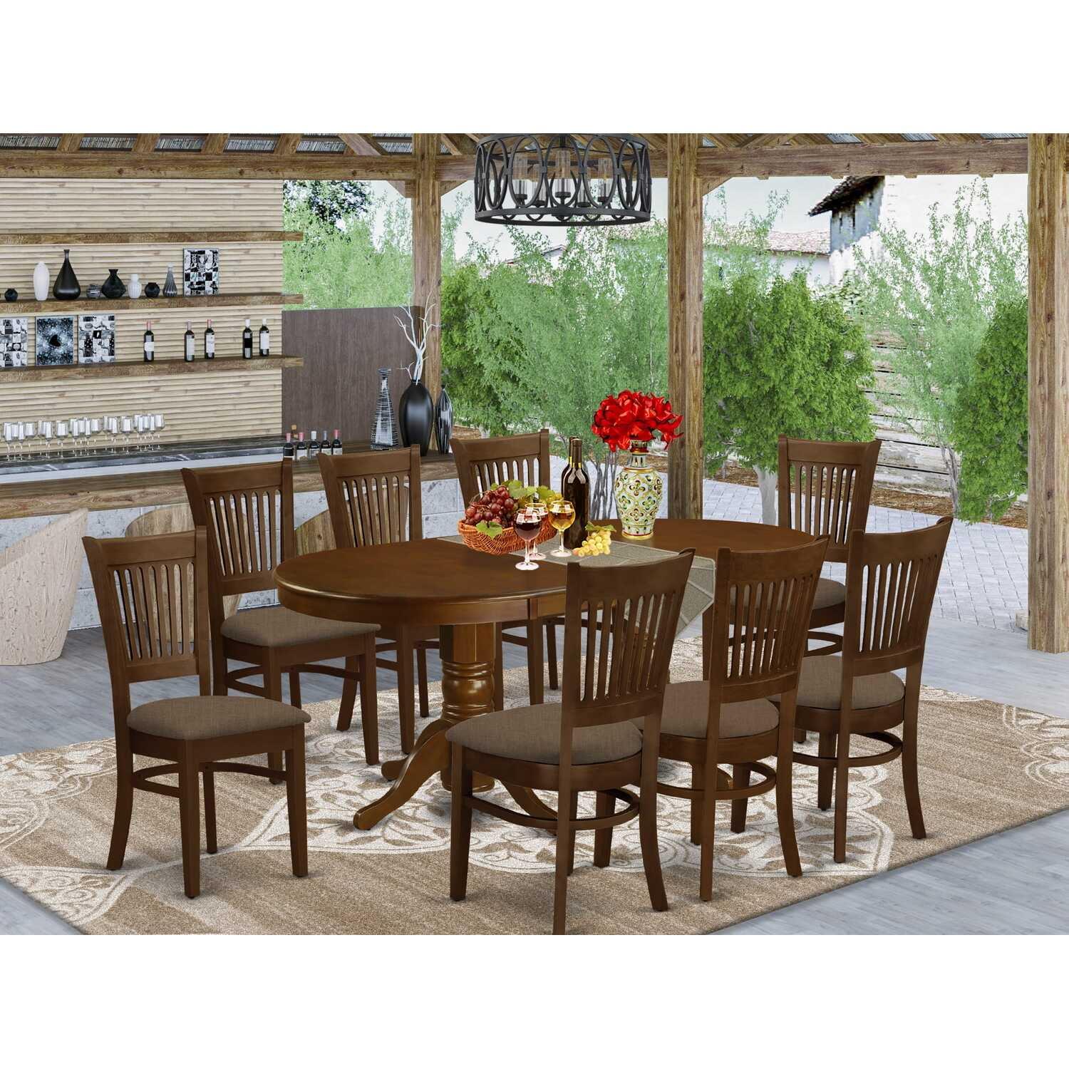 Espresso Oval Double Pedestal Dining Table Set with 8 Brown Linen Chairs