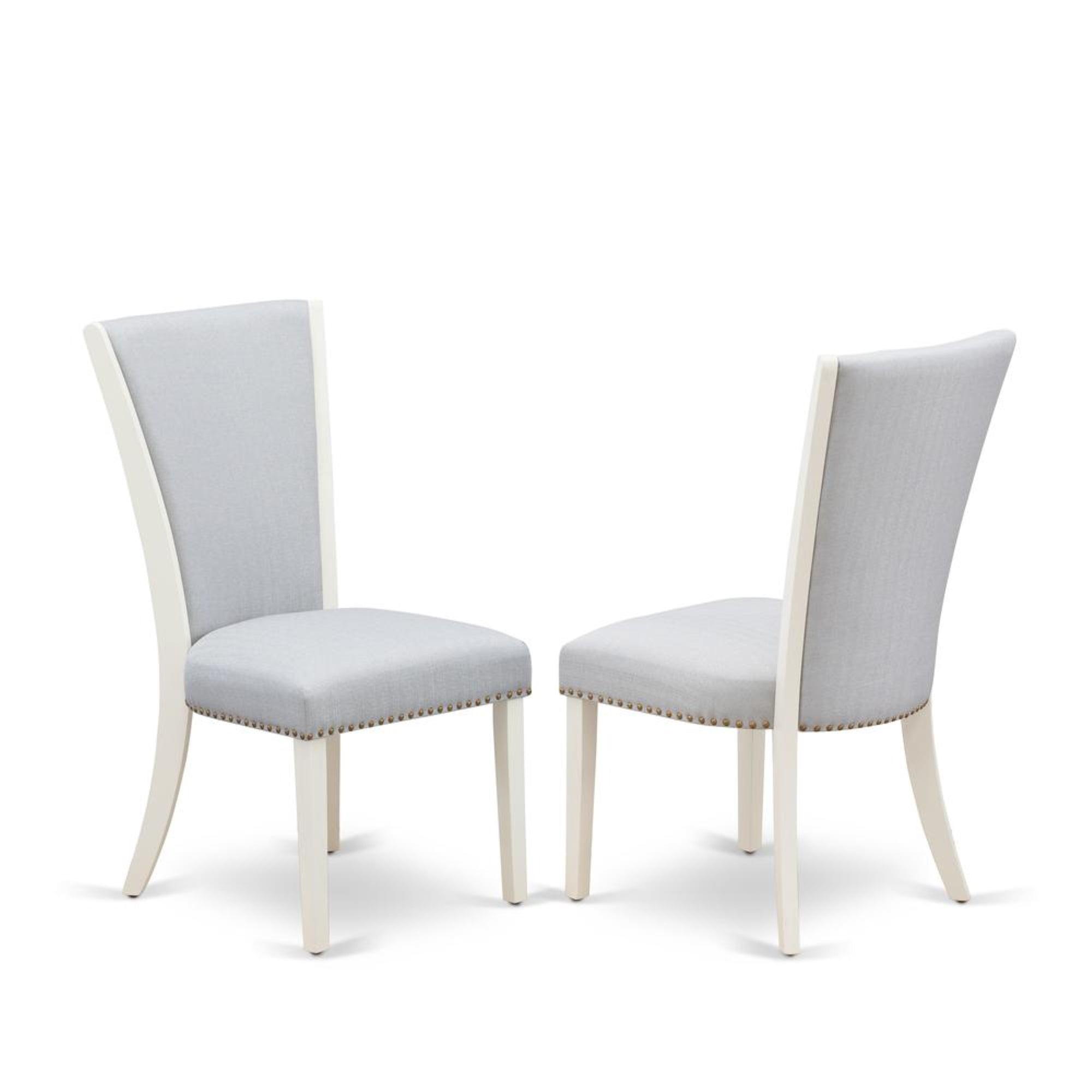 Verona Linen White Wood Frame Upholstered Chair with Gray Linen Fabric Seat with Nail Head & Stylish Back - Set of 2