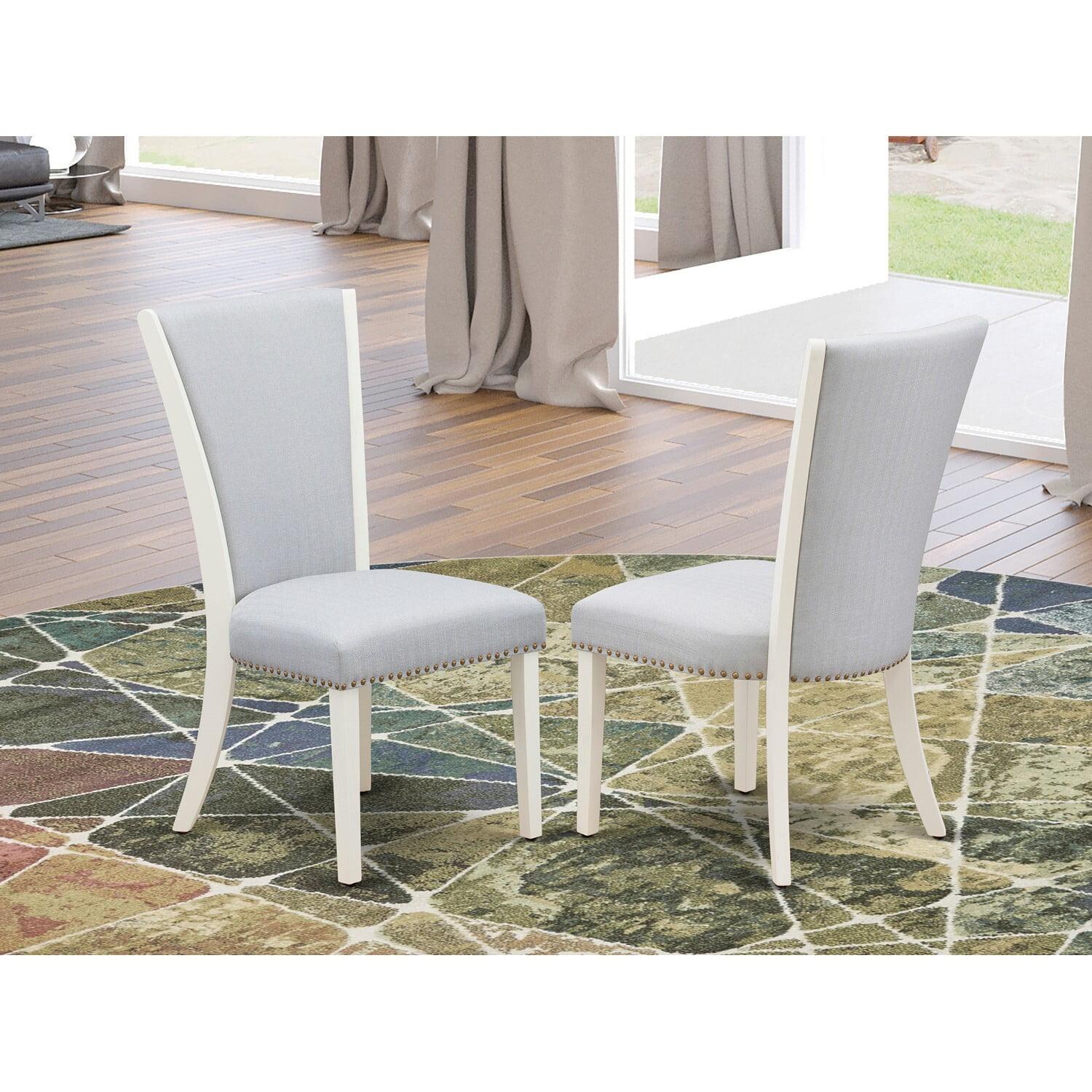 Verona Linen White Wood Frame Upholstered Chair with Gray Linen Fabric Seat with Nail Head & Stylish Back - Set of 2