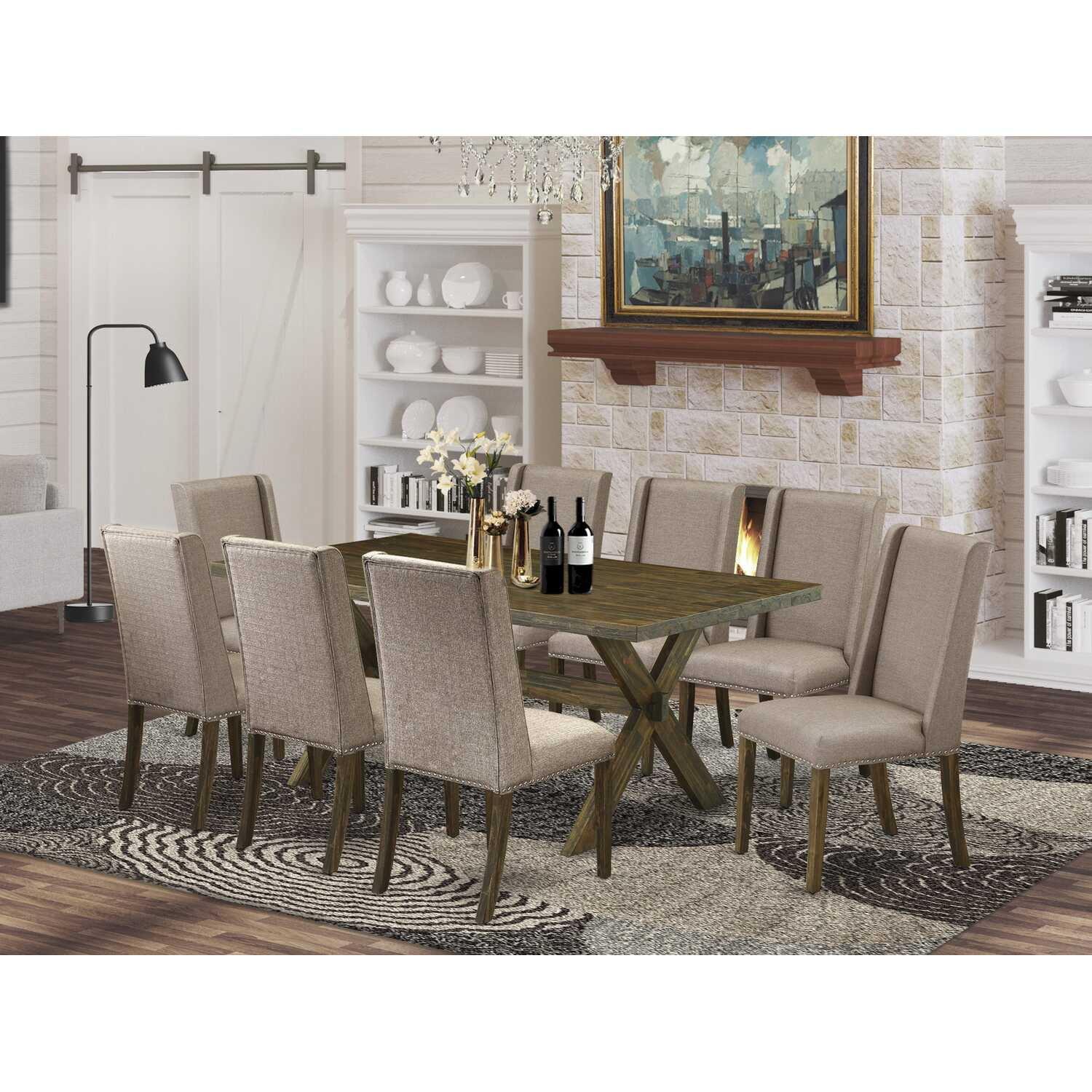 Mahogany 9-Piece Dining Set with Light Tan Linen Chairs