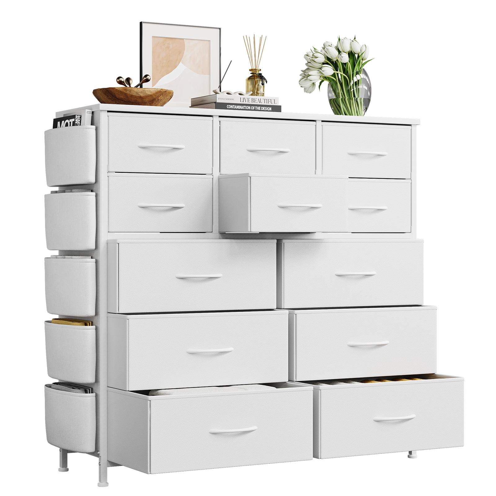 White Industrial 10-Drawer Fabric Dresser with Side Pockets