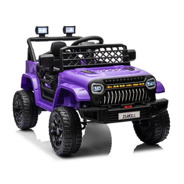 12V Ride On Car for Kids, Electric Vehicle Toddles, Battery Powered Truck Car Toy with RC, LED, Music, 4-Wheel Suspension, Purple
