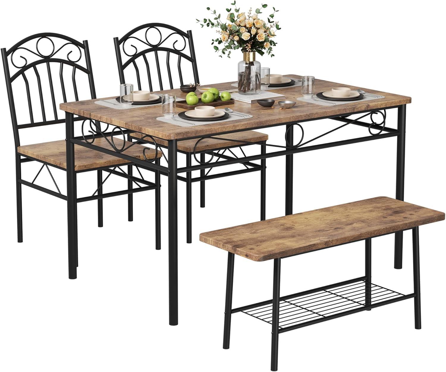 Industrial Wood and Metal 4-Piece Dining Set with Bench