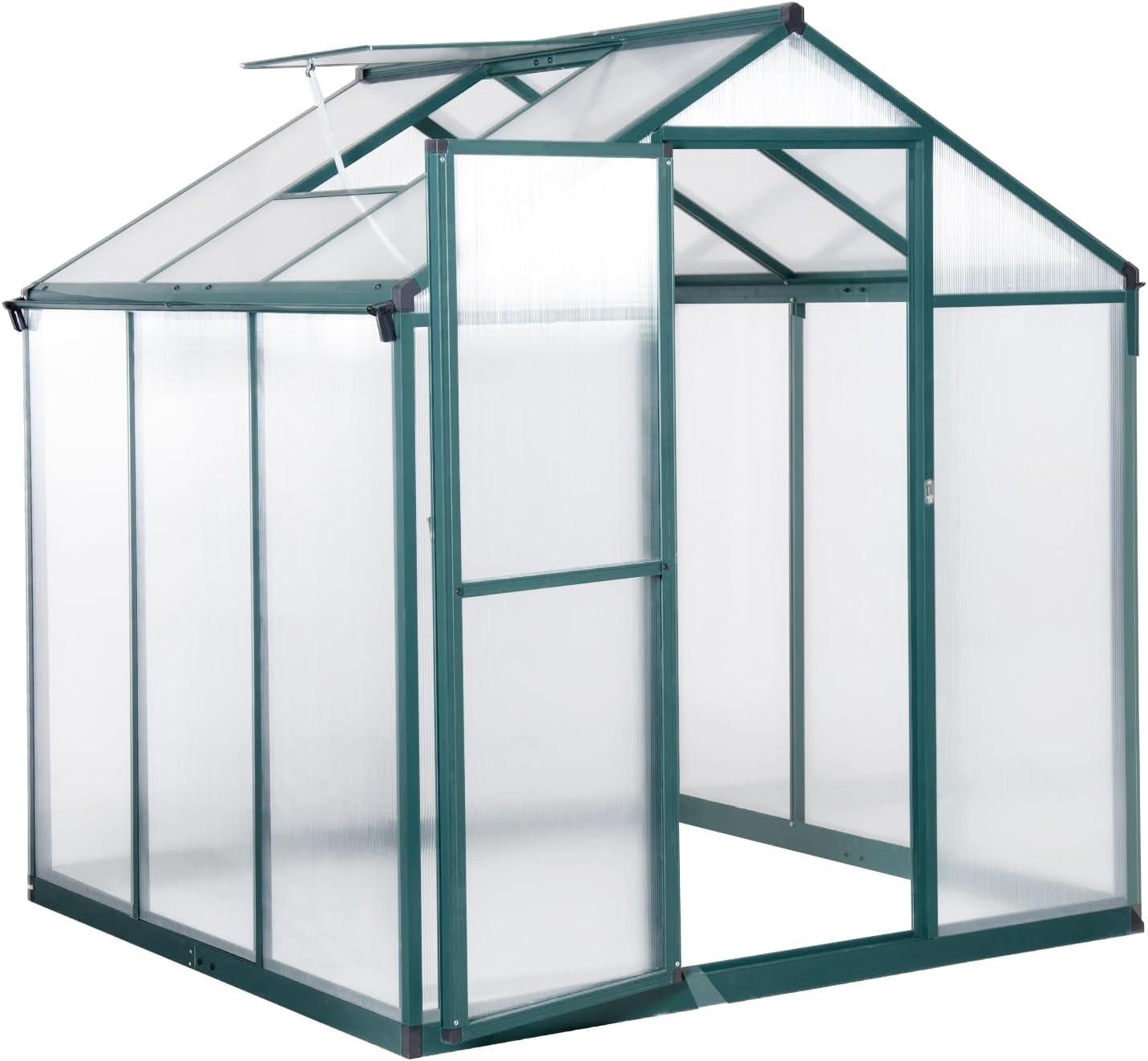 Green 6x6 FT Polycarbonate Walk-In Greenhouse with Roof Vent