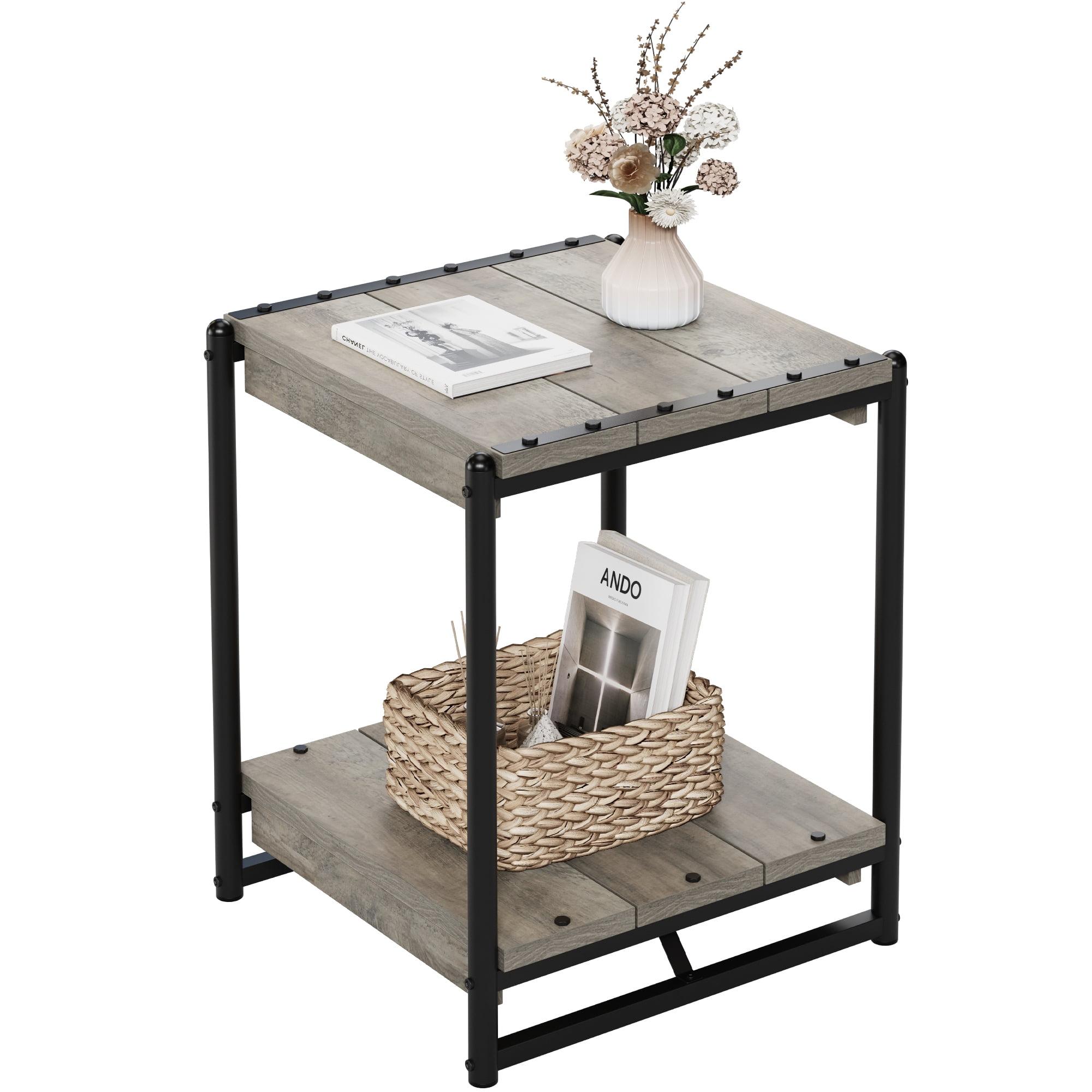 EastVita Mesa Auxiliar, Mesa Auxiliar Industrial con Estante de Almacenamiento de 2 Niveles, Mesa Auxiliar Cuadrada de 19,6 con Marco Resistente, Mesita de Noche de Madera para Espacios Pequeños, Sala de Estar, Dormitorio, Fácil Montaje, Gris