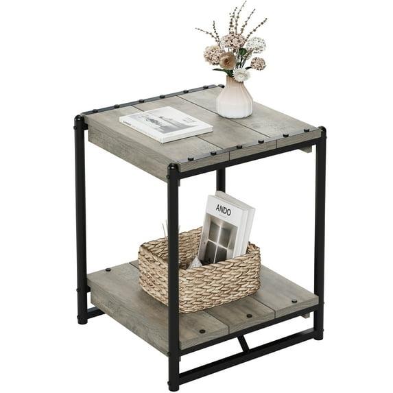 EastVita Mesa Auxiliar, Mesa Auxiliar Industrial con Estante de Almacenamiento de 2 Niveles, Mesa Auxiliar Cuadrada de 19,6 con Marco Resistente, Mesita de Noche de Madera para Espacios Pequeños, Sala de Estar, Dormitorio, Fácil Montaje, Gris