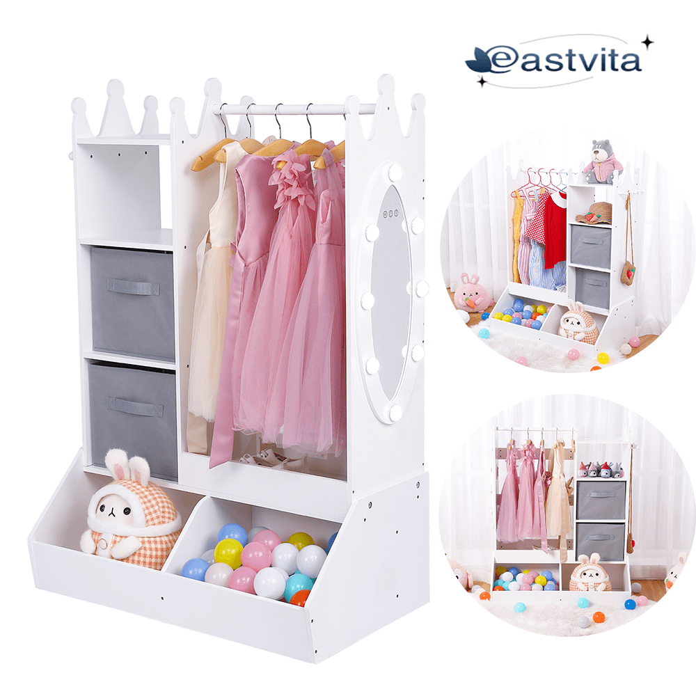 White Wooden Dress-Up Storage with Mirror and Shelves