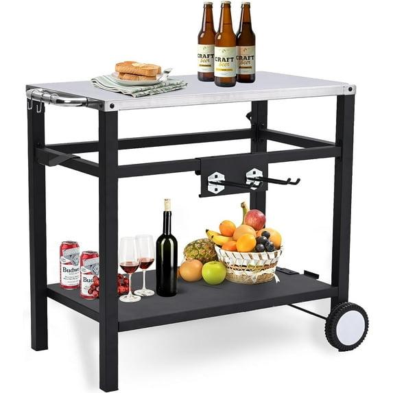 Outvita Outdoor Grill Cart, Movable Food Prep and Work Cart Table, Pizza Oven Stand Table with Wheels, Indoor & Outdoor Multifunctiona BBQ Cart with Mesh Racks for Home Party Camping