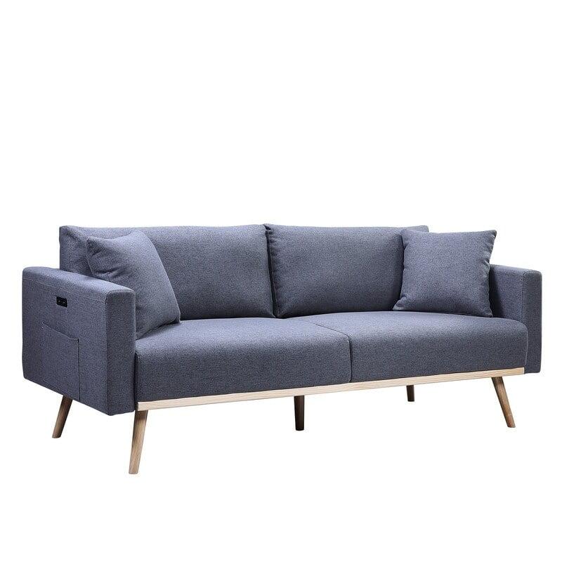 Easton Mid-Century Modern Dark Gray Linen Sofa with USB Ports