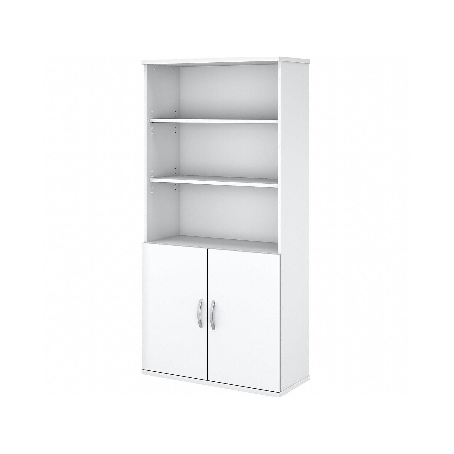 Pure White Contemporary 5-Shelf Bookcase with Adjustable Shelves and Doors