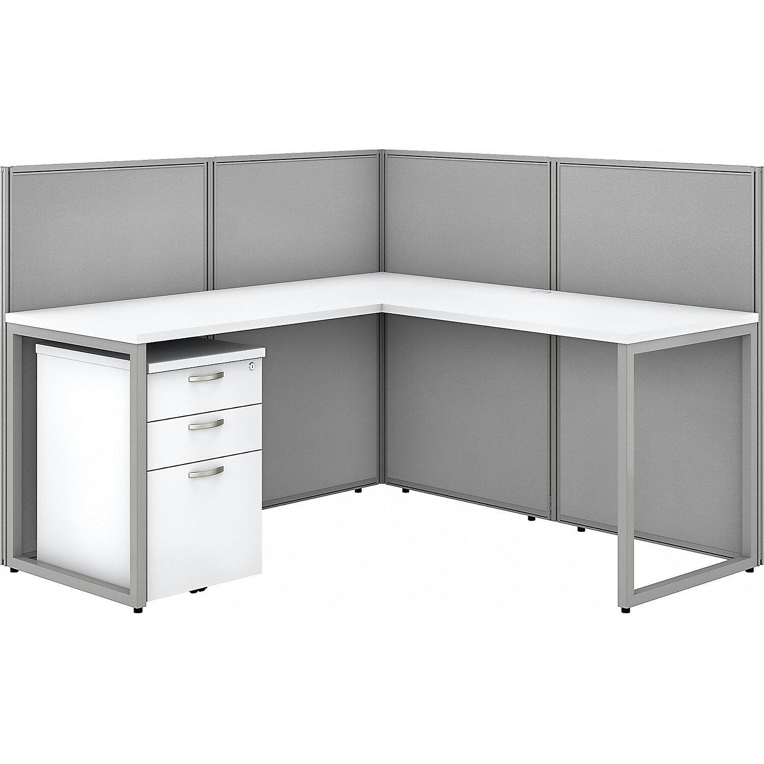 Pure White L-Shaped Office Cubicle Desk Set with Metal Frame