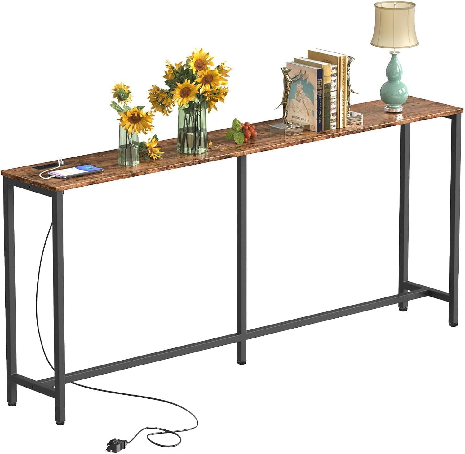 EasyCom 70'' Rustic Wood and Black Metal Console Table with Charging Station