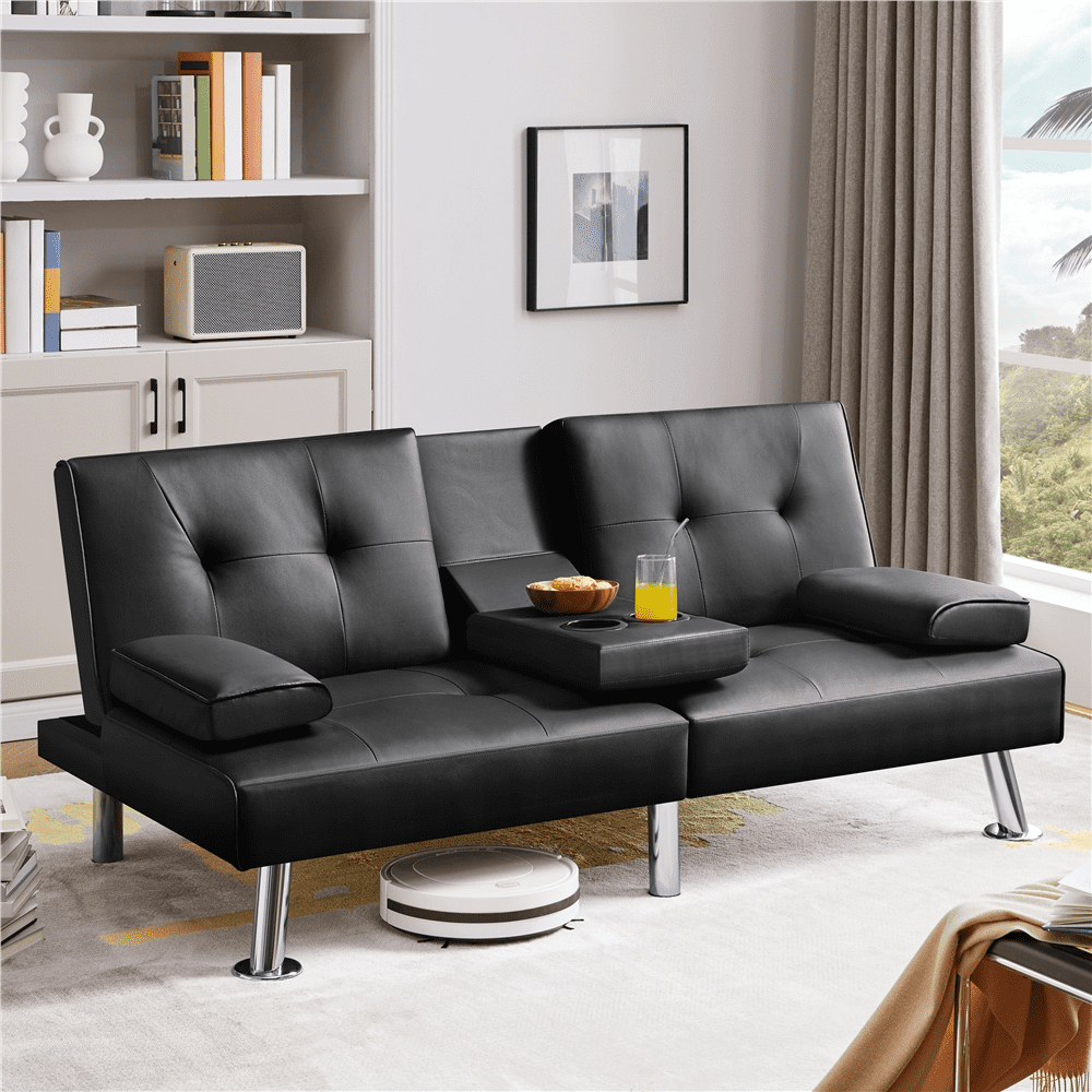 Black Faux Leather Convertible Sleeper Sofa with Cup Holders