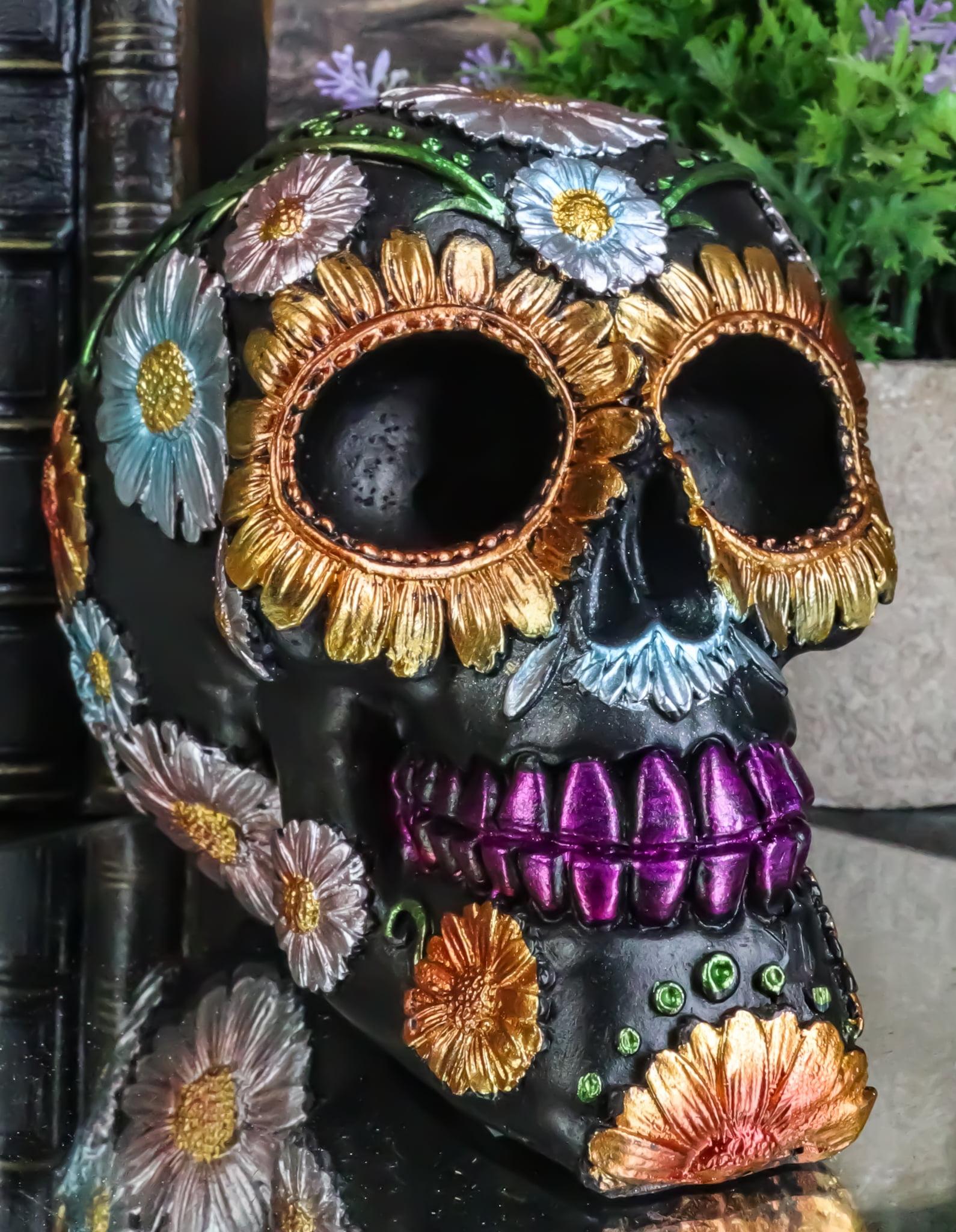 Hand-Painted Black Floral Resin Skull Figurine, 6"