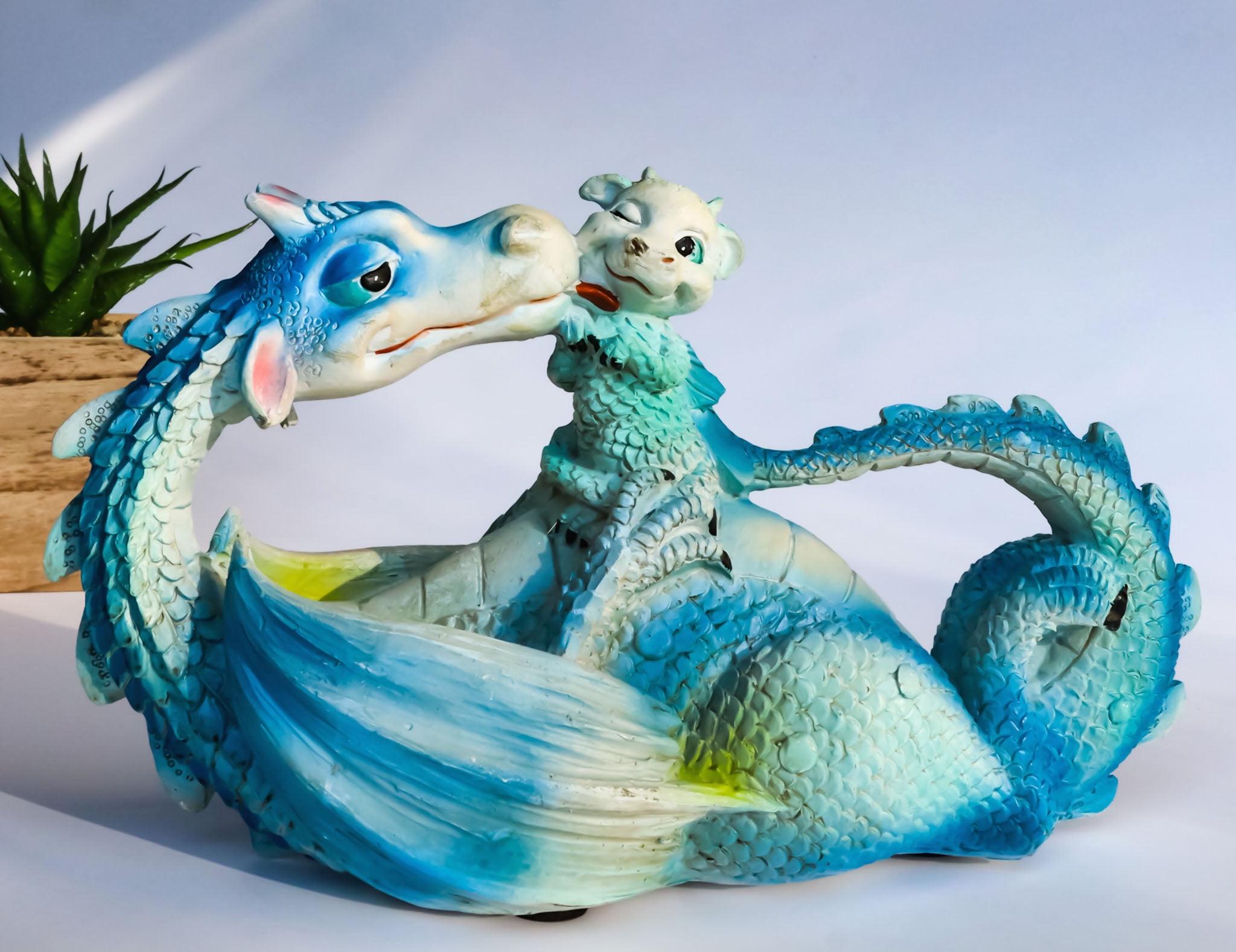 Blue and White Resin Dragon Mother with Baby Figurine