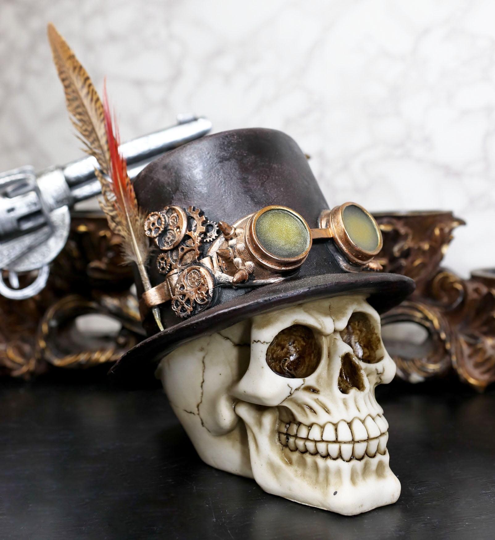 Aristocrat Steampunk Skull with Royal Feather & Goggles Figurine