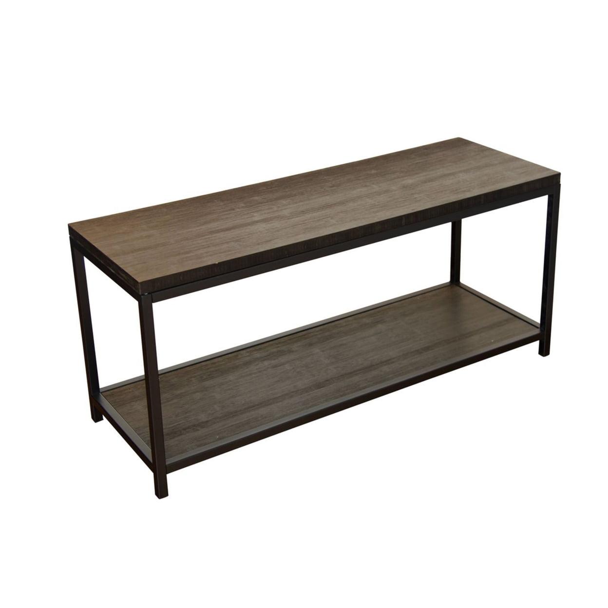 Modern Brushed Brown Bamboo & Matte Black Steel Console Bench with Storage