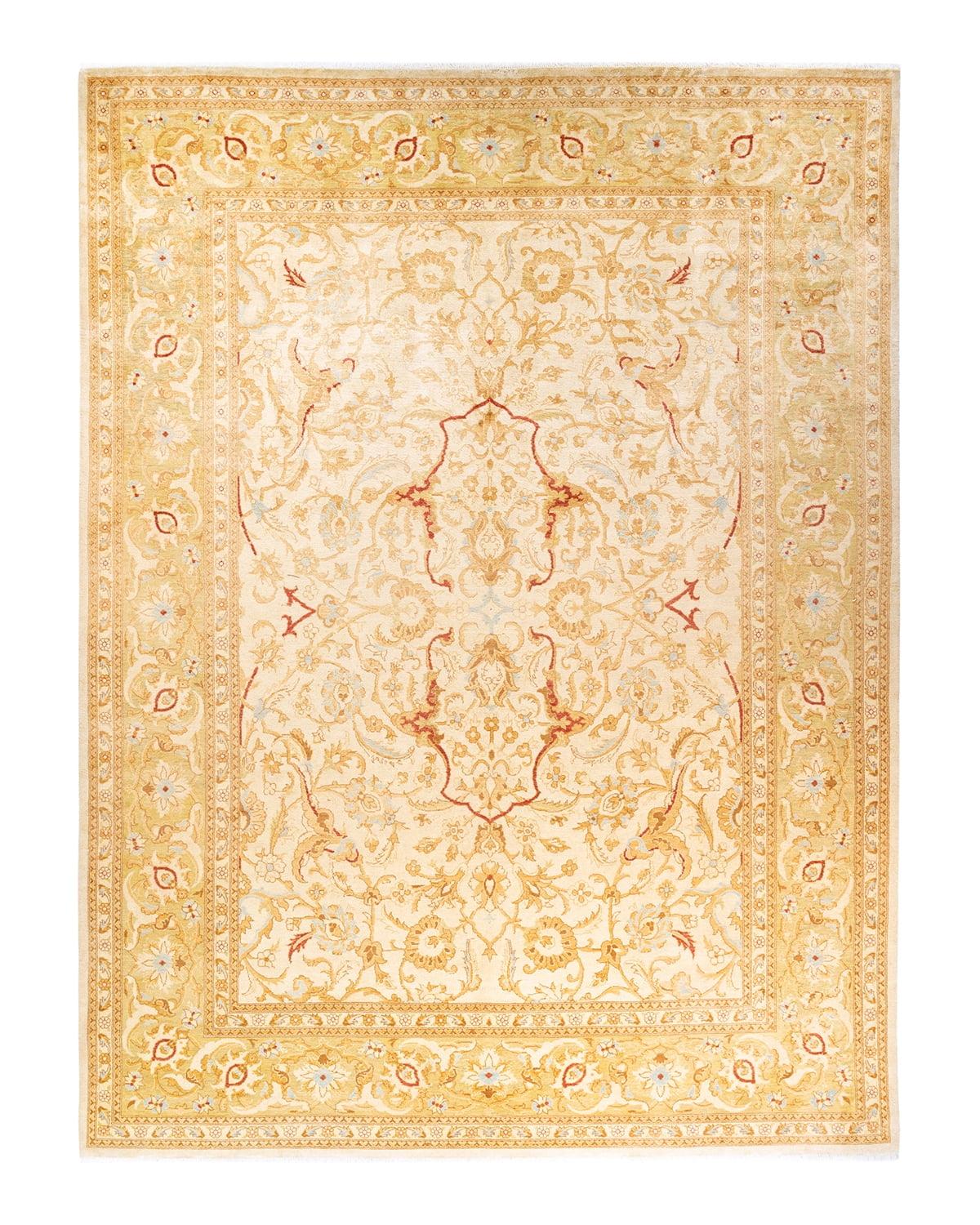 Hand-Knotted Ivory and Gold Floral Wool 9' x 12' Area Rug