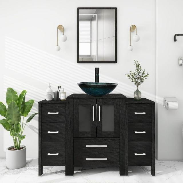 48" Single Bathroom Vanity Set with Glass Vessel Sink, Manufactured Wood Top, Water Saving Faucet
