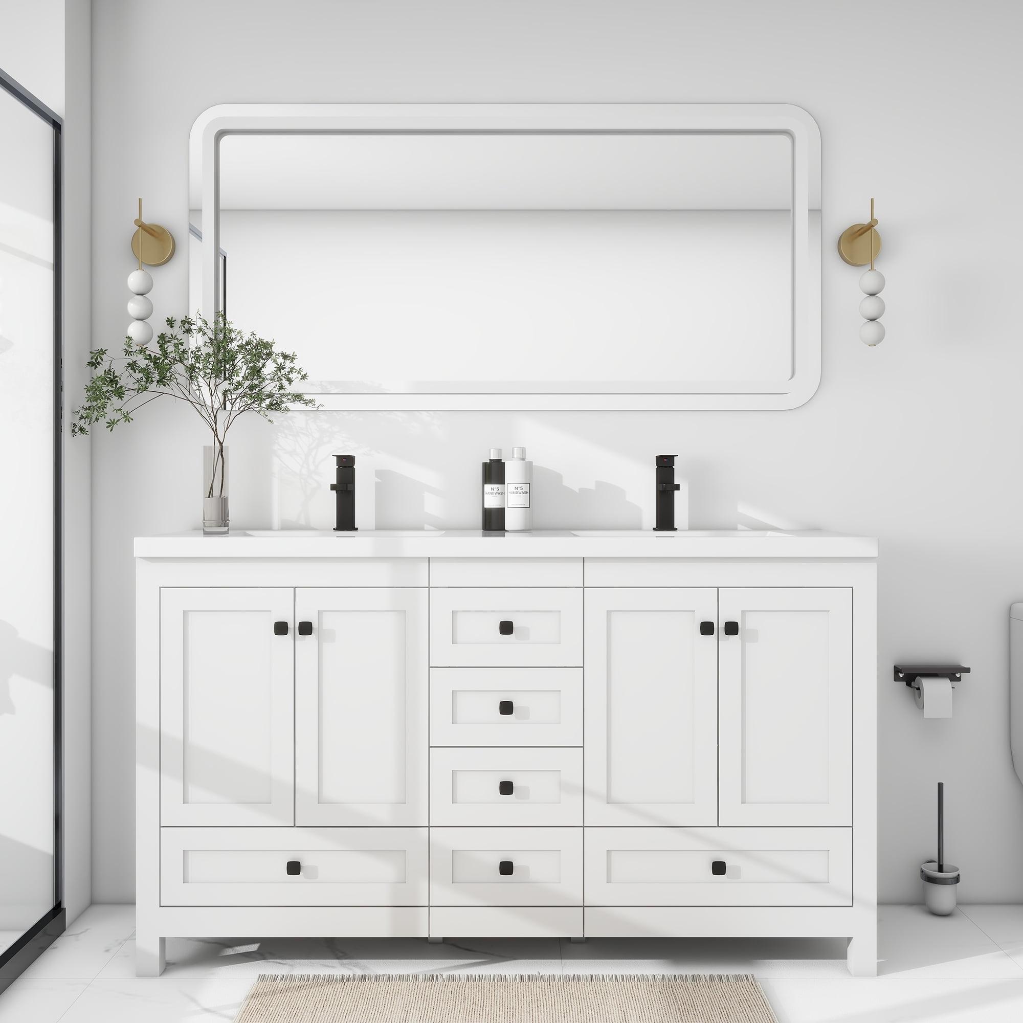 White MDF Double Sink Bathroom Vanity with Resin Top and Black Hardware