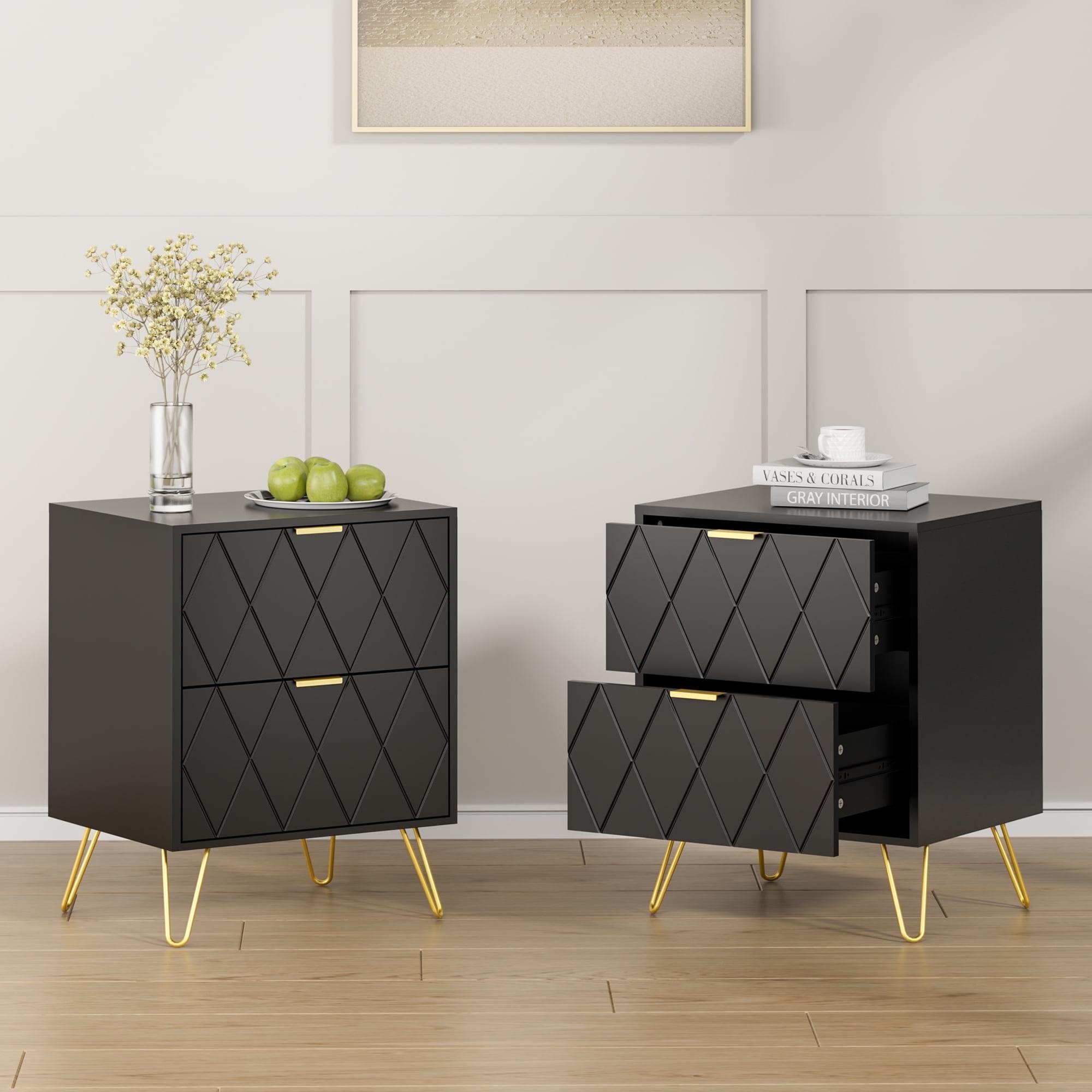 Eclife Set of 2 Black Nightstand End Table 2 Drawers Dressers Modern Mid Century Accent Bedside Tables Stand Wood with Gold Handle Legs for Adult Makeup Bedroom Living Room