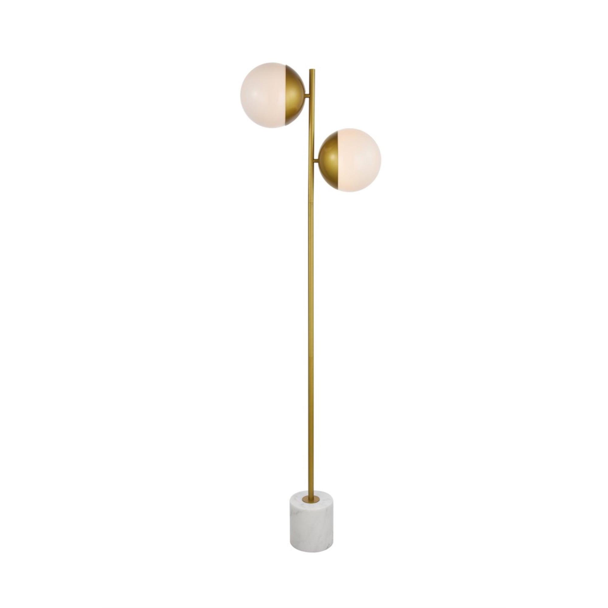 Eclipse Brass Floor Lamp with Dual Frosted White Spheres