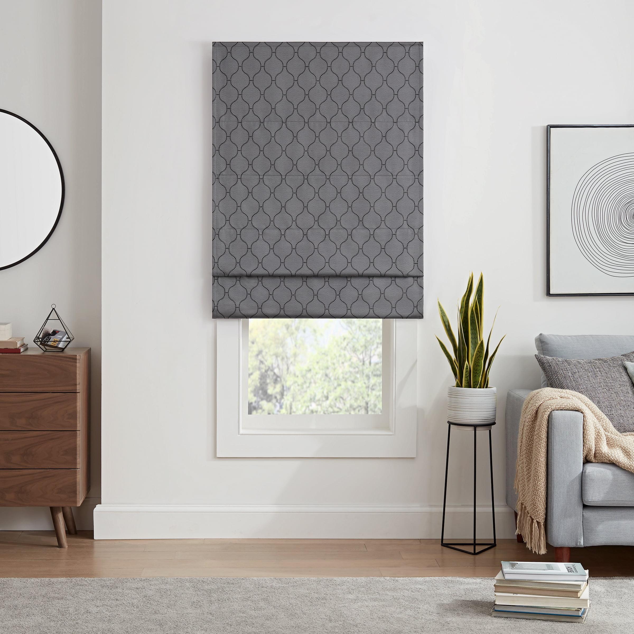 Gray Cordless Blackout Roman Shade with Woven Ogee Design