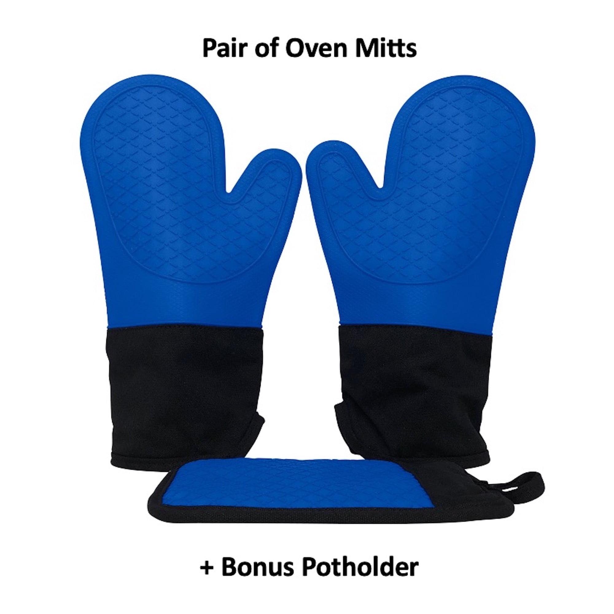 Blue Silicone Oven Mitts and Pot Holder Set with Cotton Lining