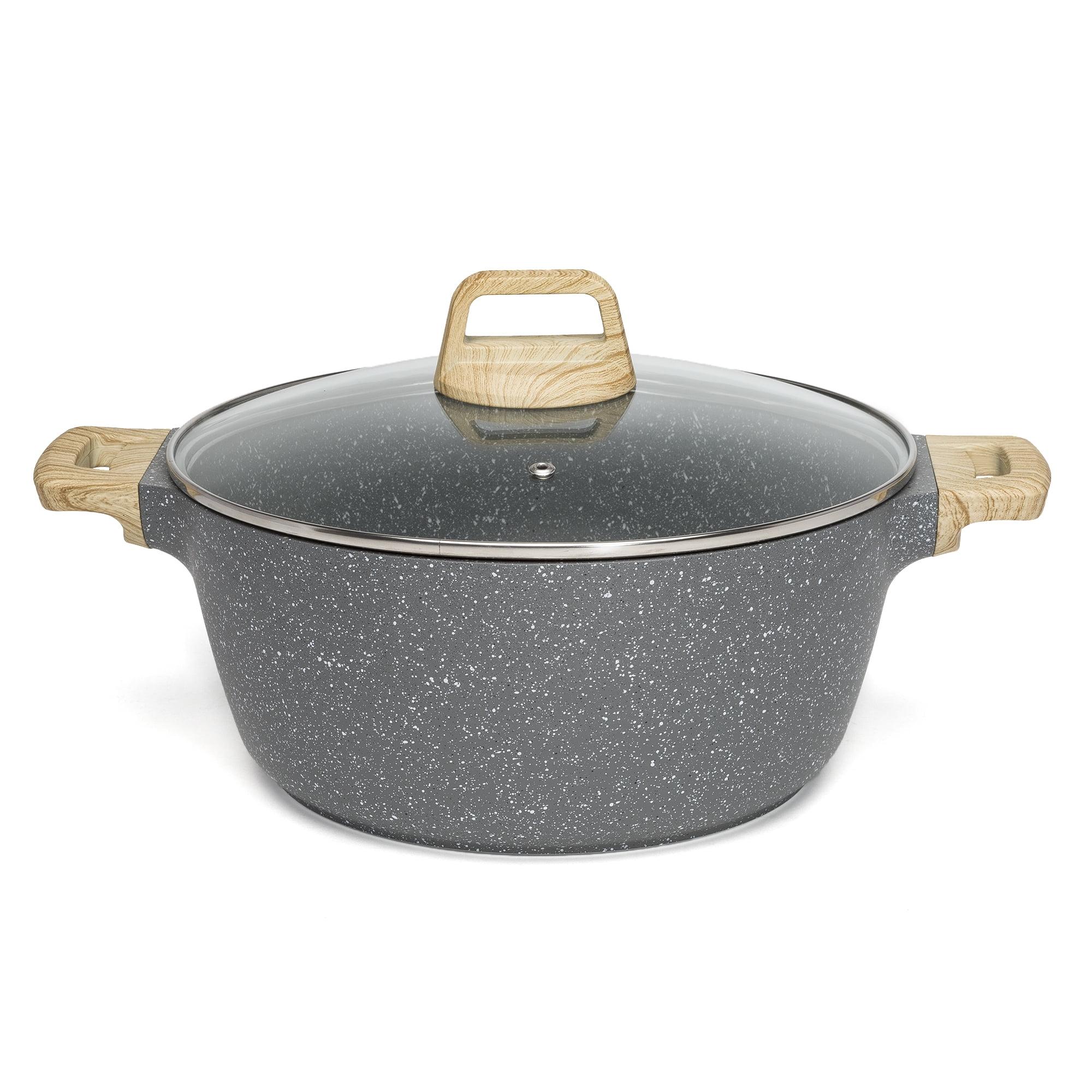 Ecolution Farmhouse Cast Aluminum Speckle Coated Stockpot Casserole Dish with Ergonomic Wood Look Handles, Dishwasher Safe, Glass Lid, Durable Non-Stick, 6 Quart