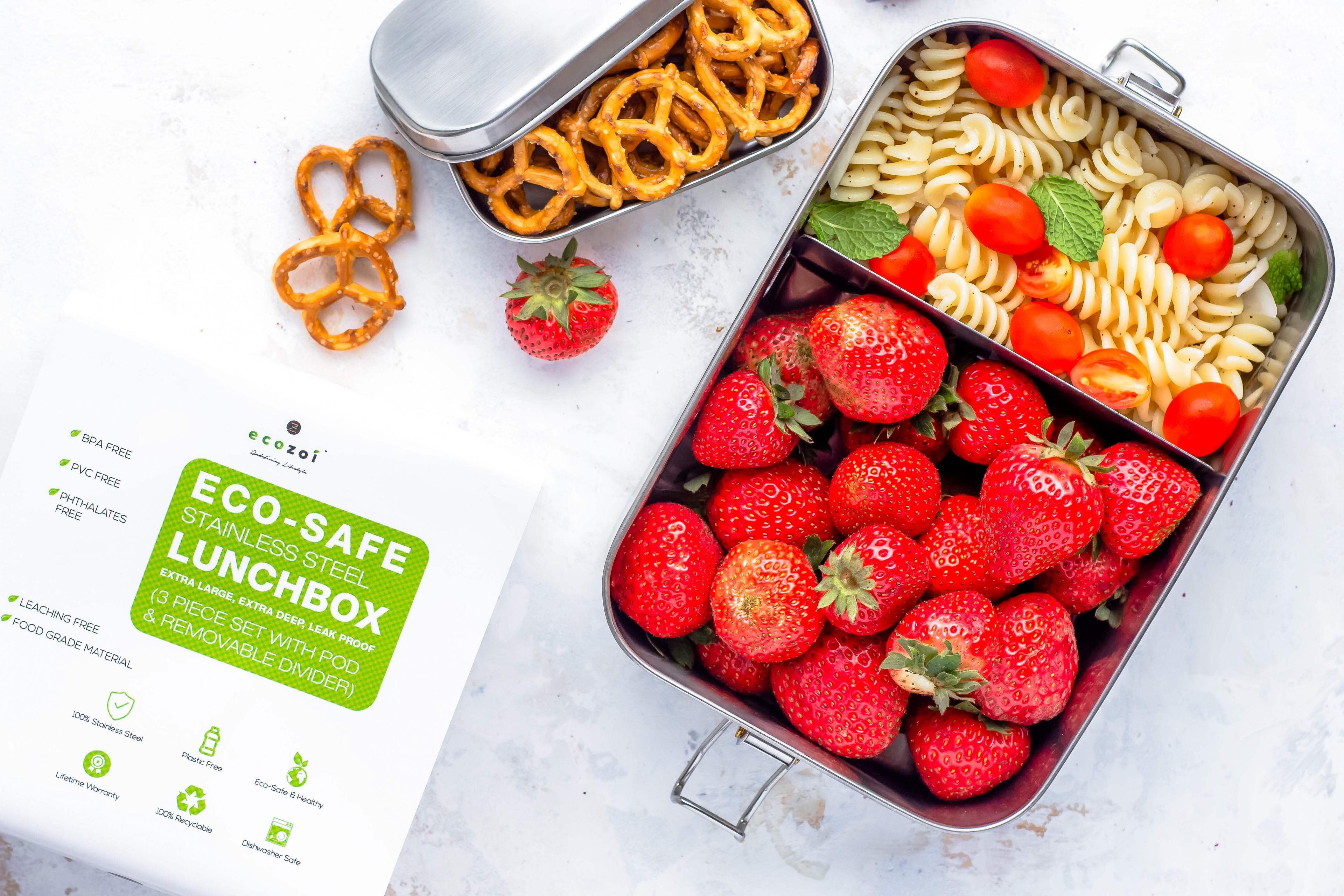 Ecozoi Stainless Steel Lunch Box, Leak Proof 1-Tier Eco Metal Bento Box with Bonus POD | Sustainable Zero Waste Eco Friendly Tiffin Food Storage Container