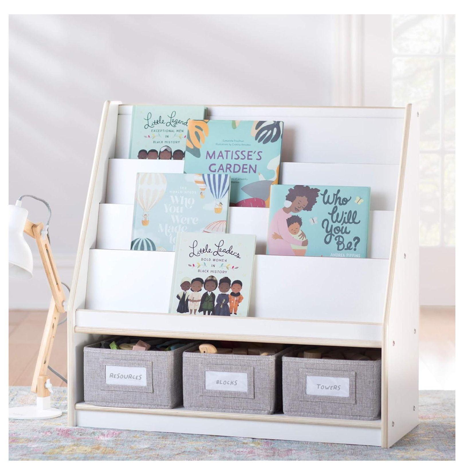 White Wooden Kids Book and Bin Display with Storage Bins