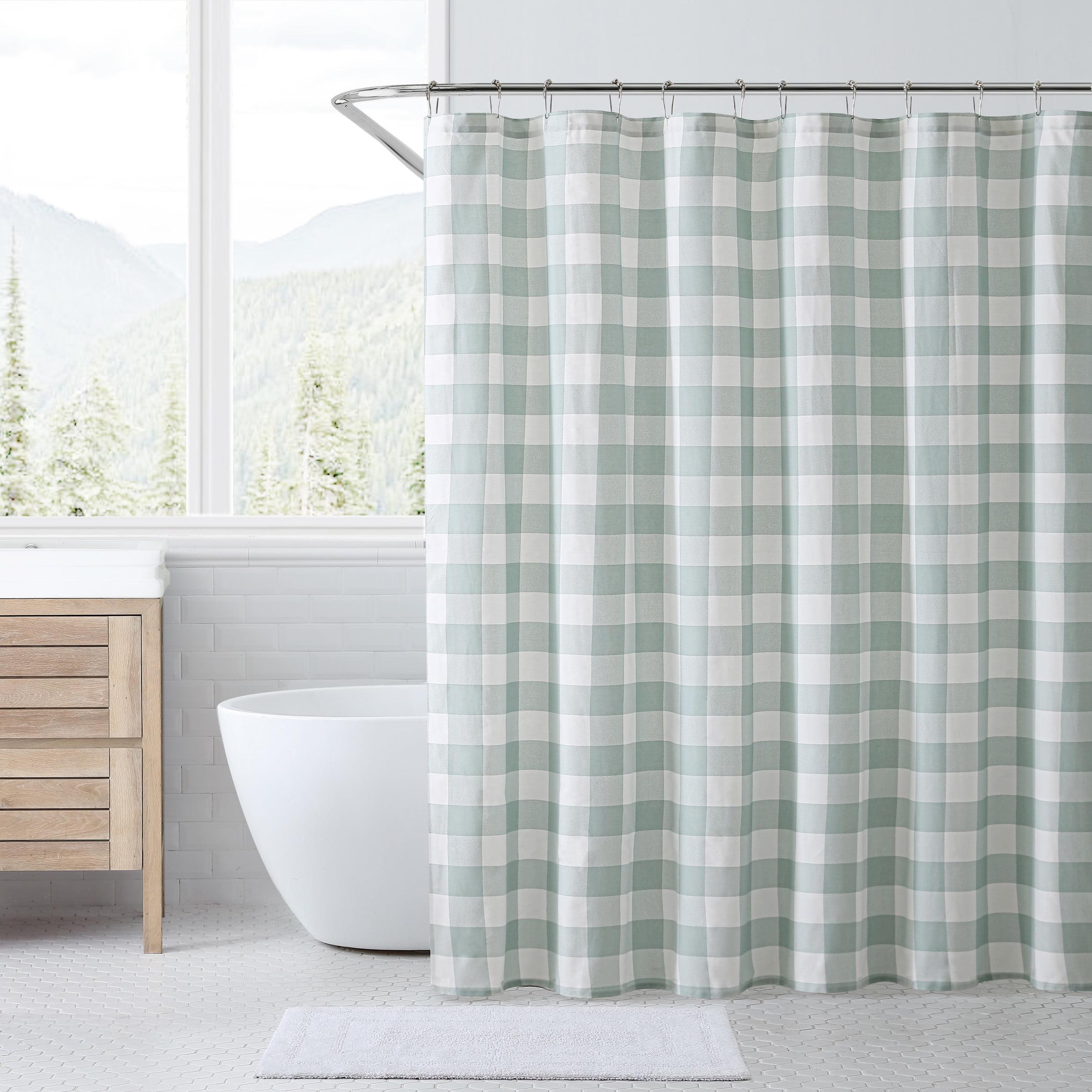 Green Plaid Cotton Shower Curtain with Buttonhole Top