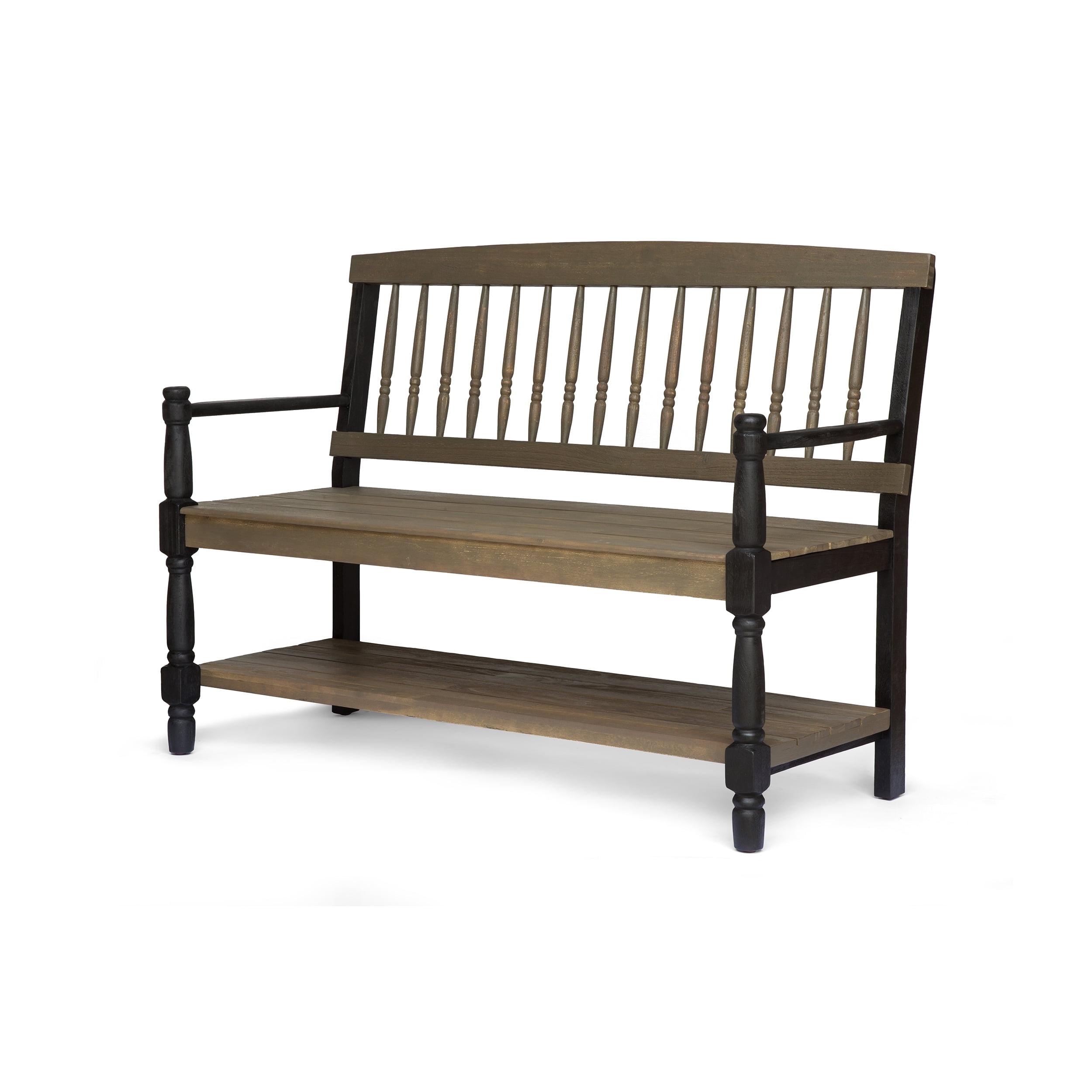 Eddie Rustic Gray Acacia Wood Bench with Spindle Backrest and Shelf