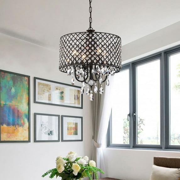Antique Black Crystal Drum Shade 4-Light Chandelier