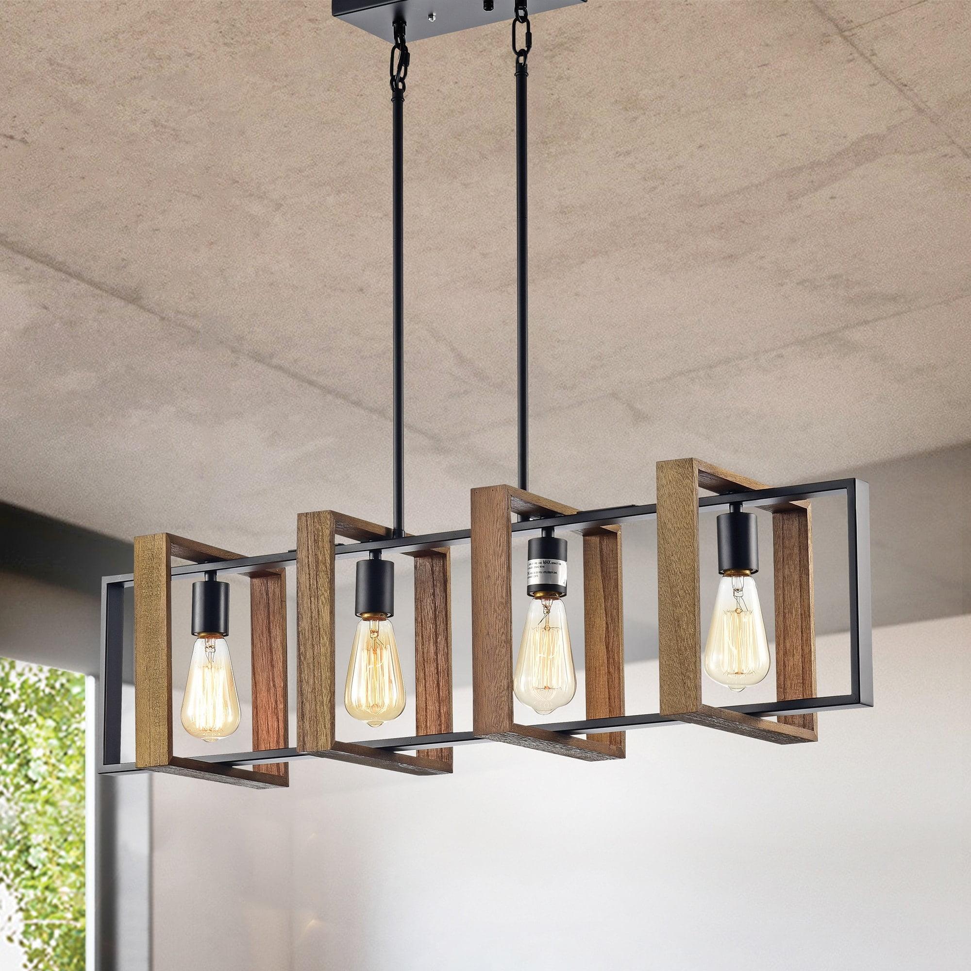 Edvivi Lighting Matte Black and Wood 4-Light Linear Island Lighting with Exposed Bulbs