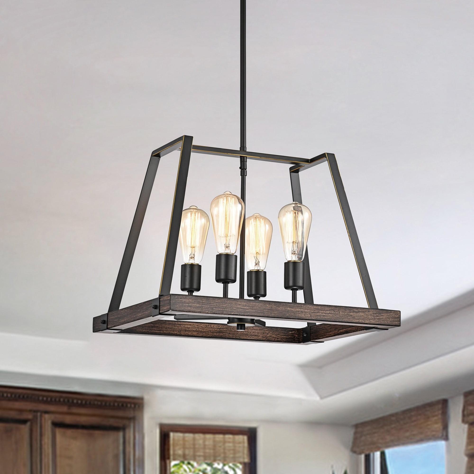 Rustic Wood and Bronze 4-Light Lantern Chandelier