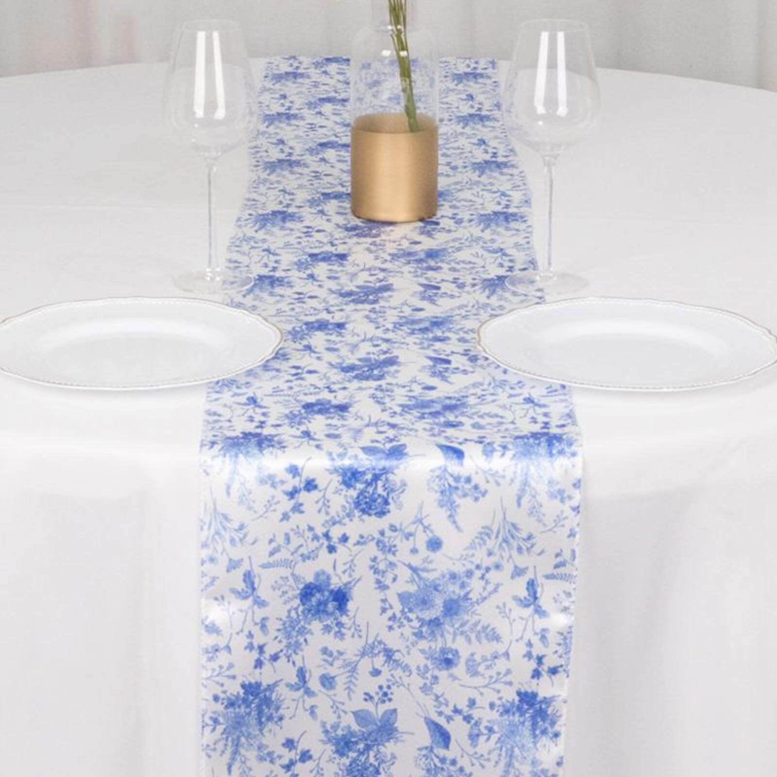 Efavormart 12"x108" White Blue Chinoiserie Floral Print Satin Table Runner
