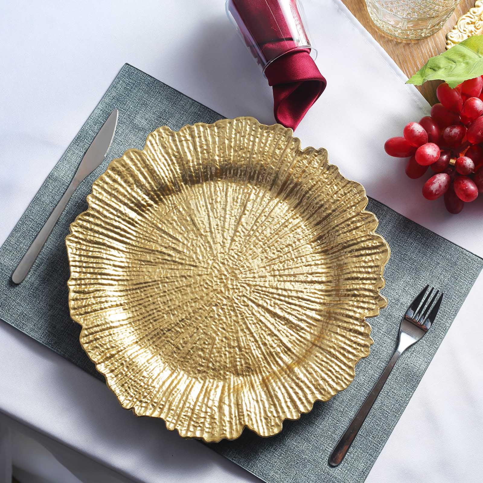 Gold Acrylic Reef Charger Plates with Ruffled Rim, 13" Round, Set of 6