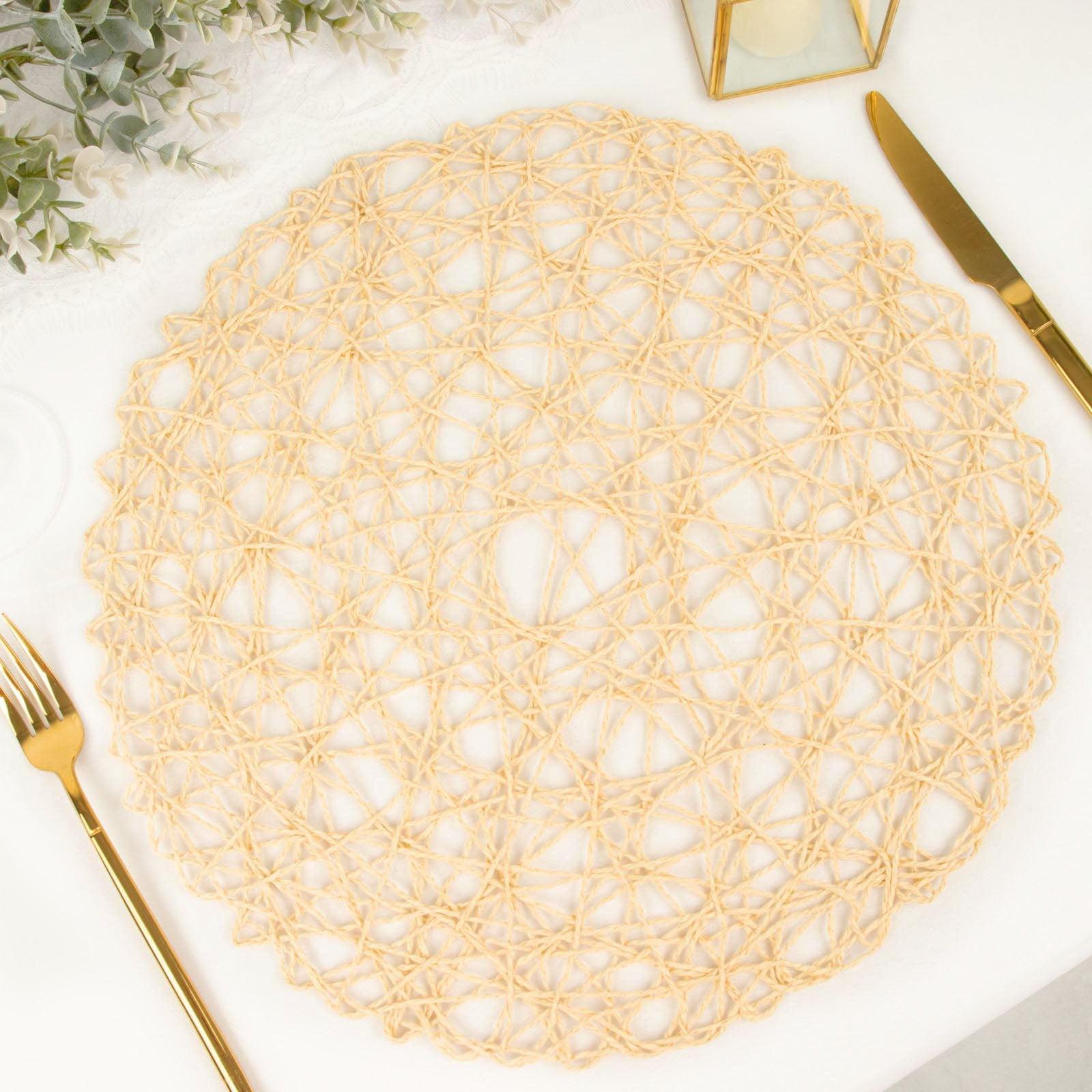 Efavormart 6 Pack 15" Beige Metallic String Round Placemats For Wedding Events Birthday Party