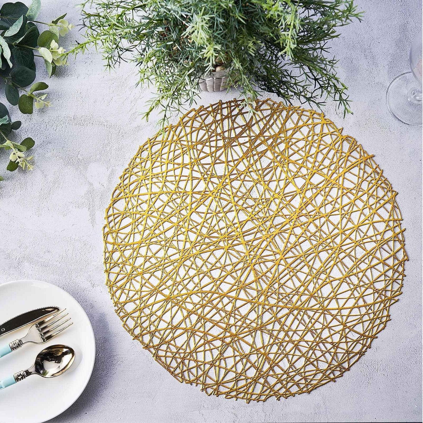 Efavormart 6 Pack 15" Gold Round Woven Vinyl Placemats Non Slip Dining Table Placemats For Wedding Events Birthday Party