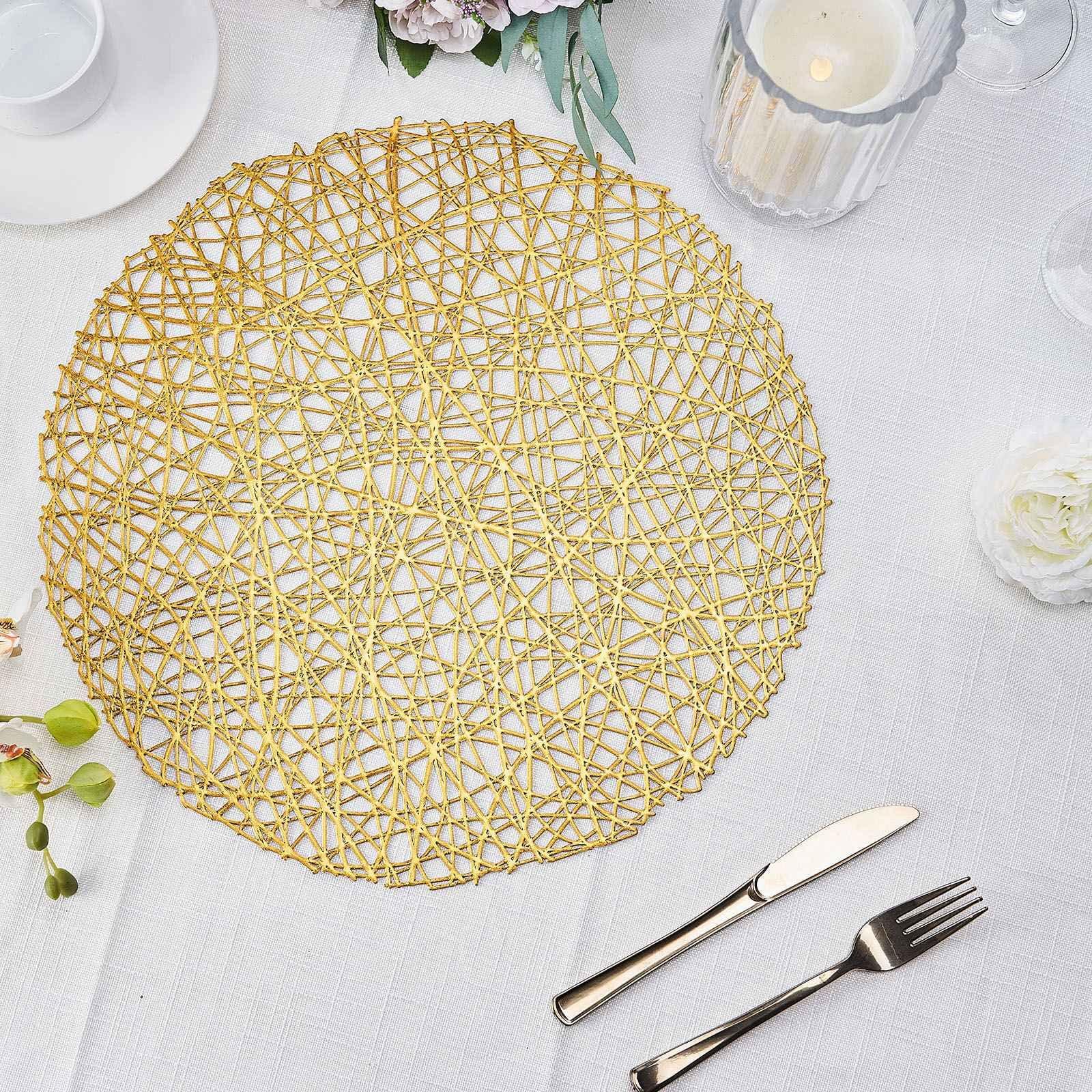 Efavormart 6 Pack 15" Gold Round Woven Vinyl Placemats Non Slip Dining Table Placemats For Wedding Events Birthday Party