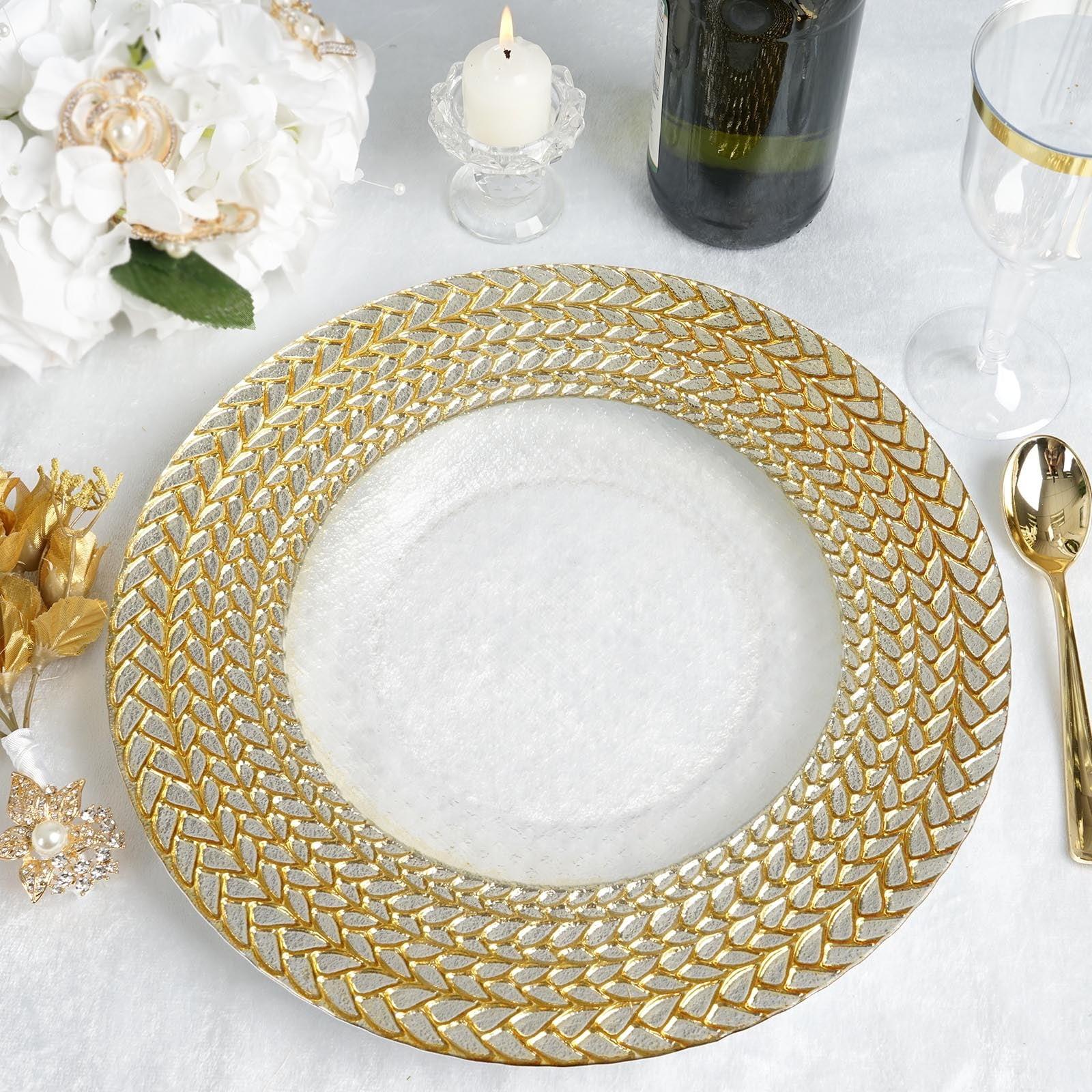 Efavormart 8 Pack | 13" Luxurious Silver/Gold Braided Rim Glass Charger Plates | Clear, Round