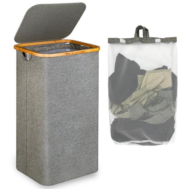 Efluky Laundry Basket with Lid and Removable Bag, 100L Tall Laundry Hamper with Bamboo Handles, Aesthetic Dirty Clothes Bin for Laundry Room, Bathroom, Bedroom and Dorm,Grey