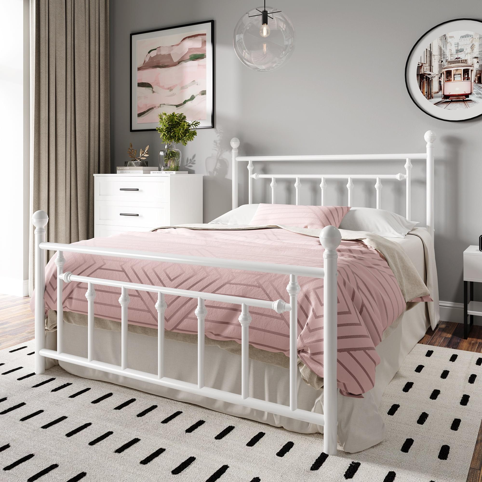 Einfach Full Size Bed Frame with Victorian Style Iron-Art Headboard and Footboard, White