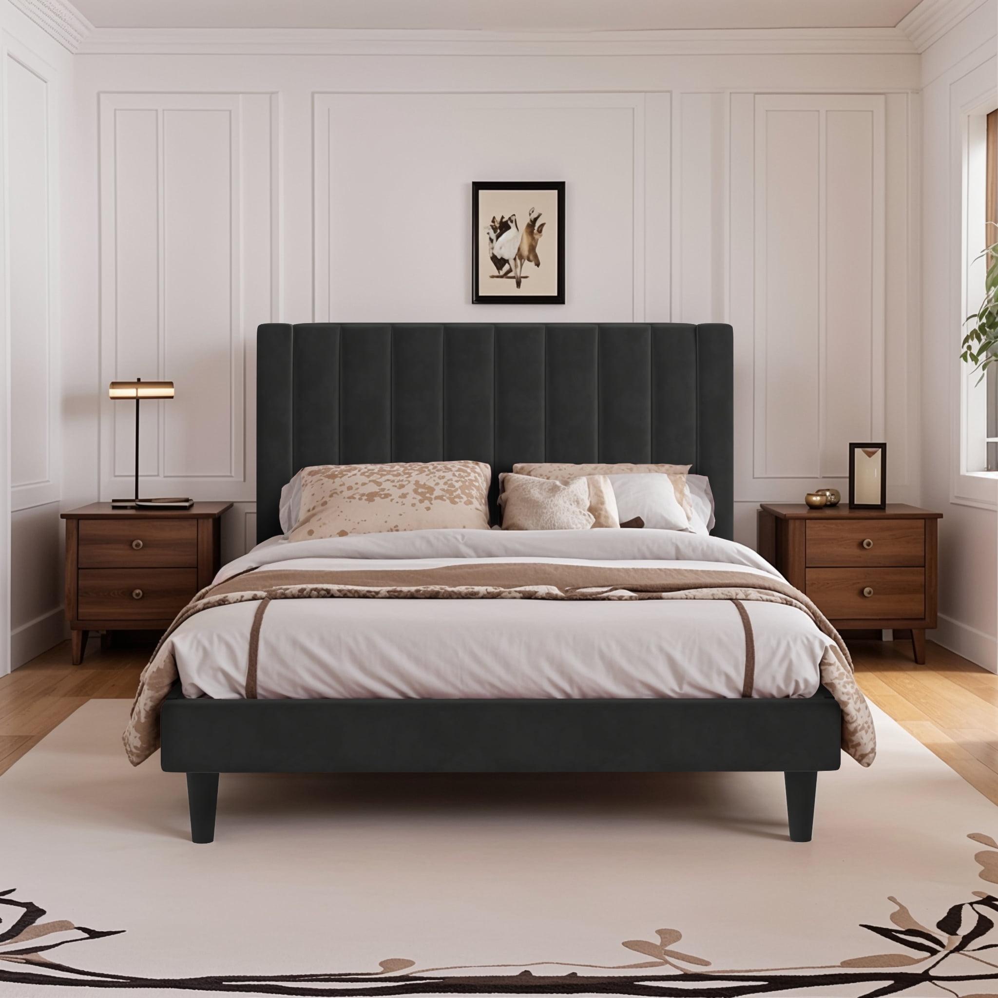 Allewie Queen Velvet Upholstered Bed Frame with Vertical Channel Tufted Headboard, Black