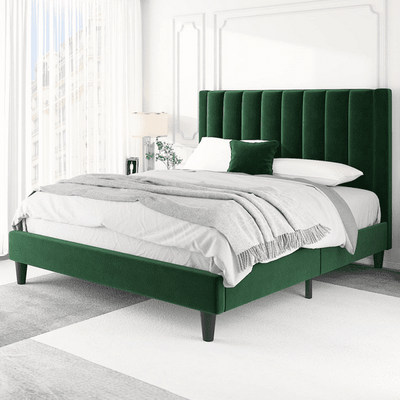 Einfach Queen Size Platform Bed Frame with Upholstered Velvet Vertical Headboard, Green