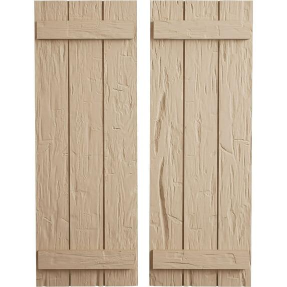 Ekena Millwork 16 1/2"W x 38"H Rustic Three Board Joined Board-n-Batten Hand Hewn Faux Wood Shutters (Per Pair), Primed Tan