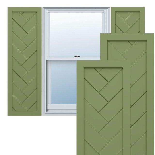 Ekena Millwork 18"W x 31"H True Fit PVC Single Panel Herringbone Modern Style Fixed Mount Shutters, Moss Green (Per Pair - Hardware Not Included)