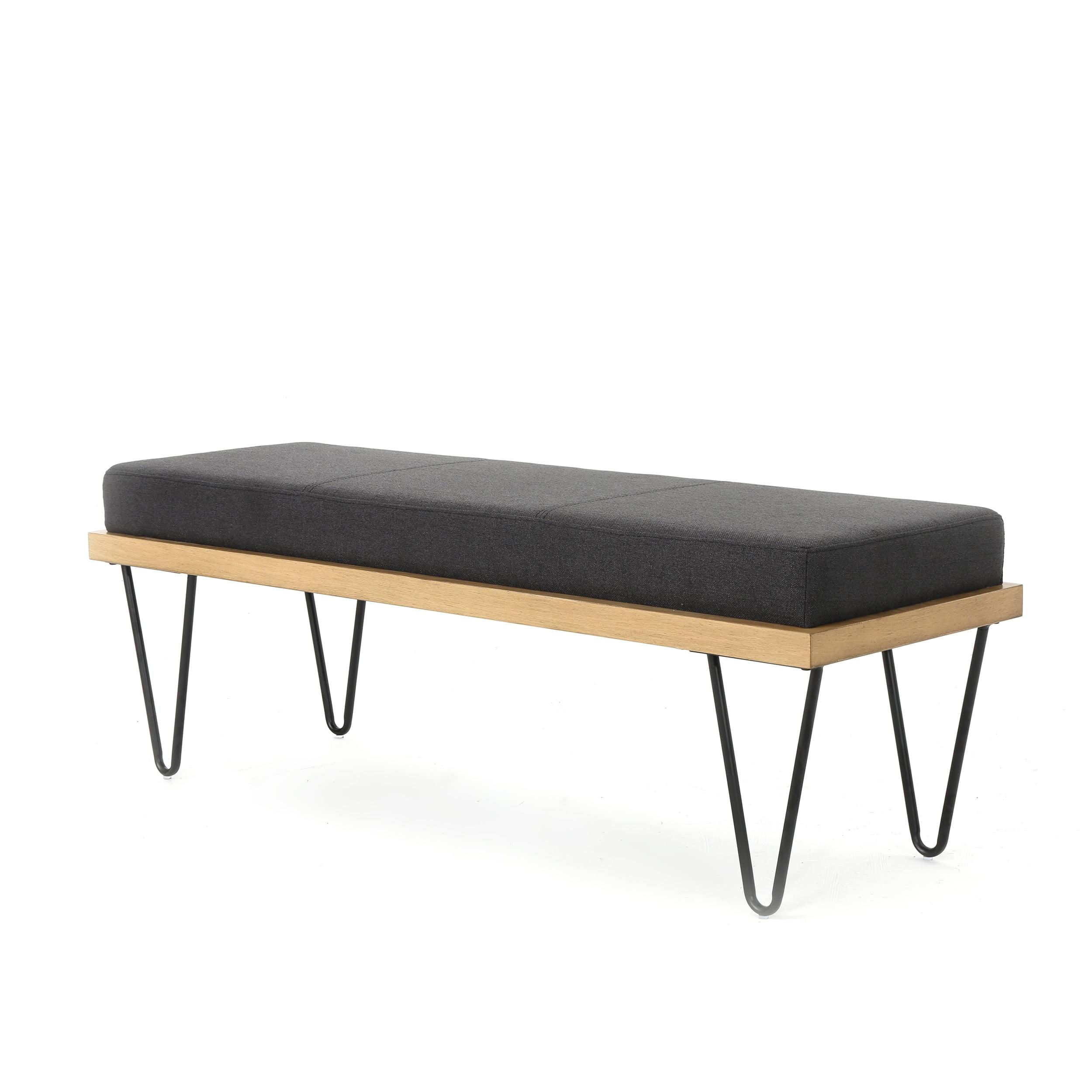 Elaina Dark Charcoal Fabric Bench with Matte Black Hairpin Legs