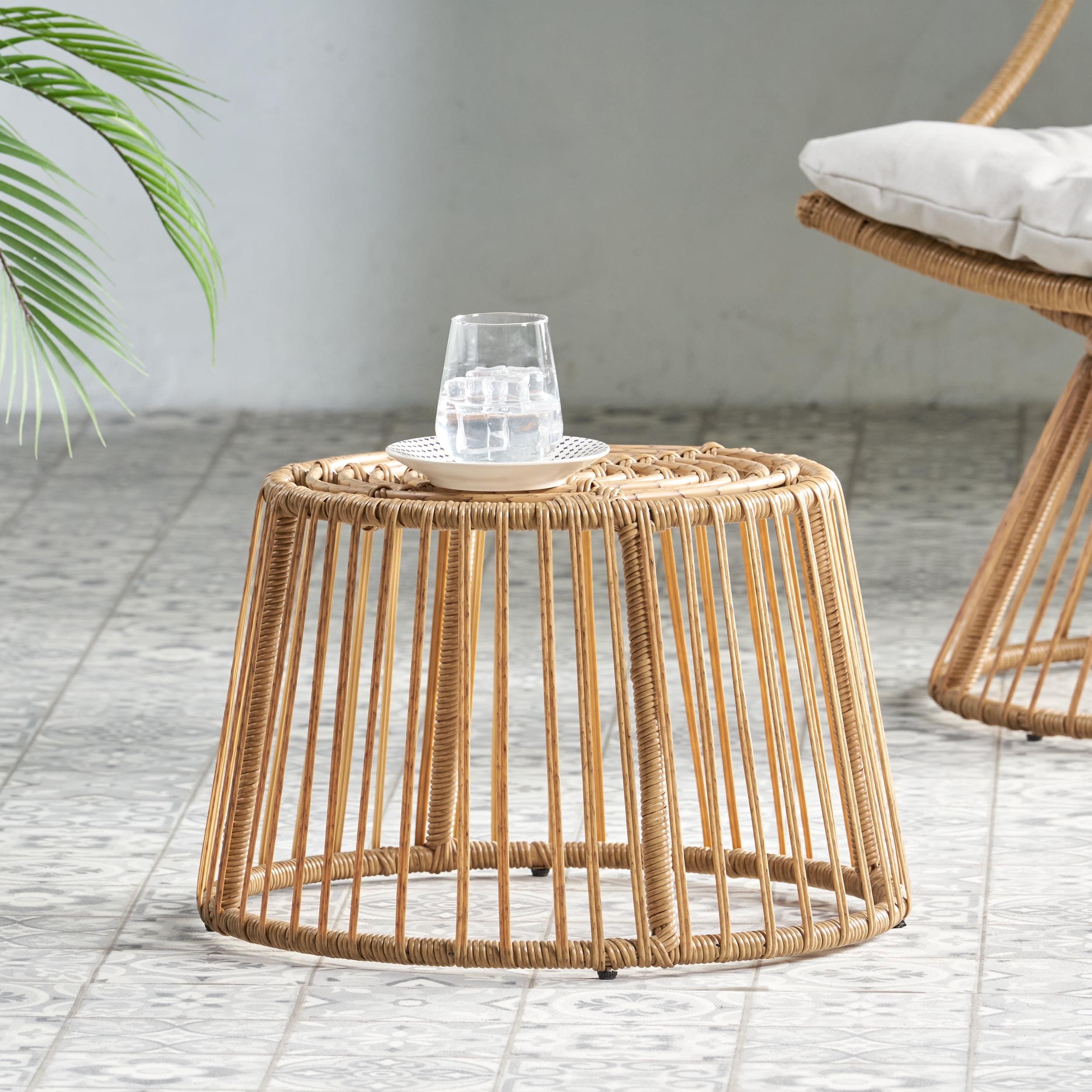 Light Brown Round Wicker Outdoor Side Table with Metal Frame